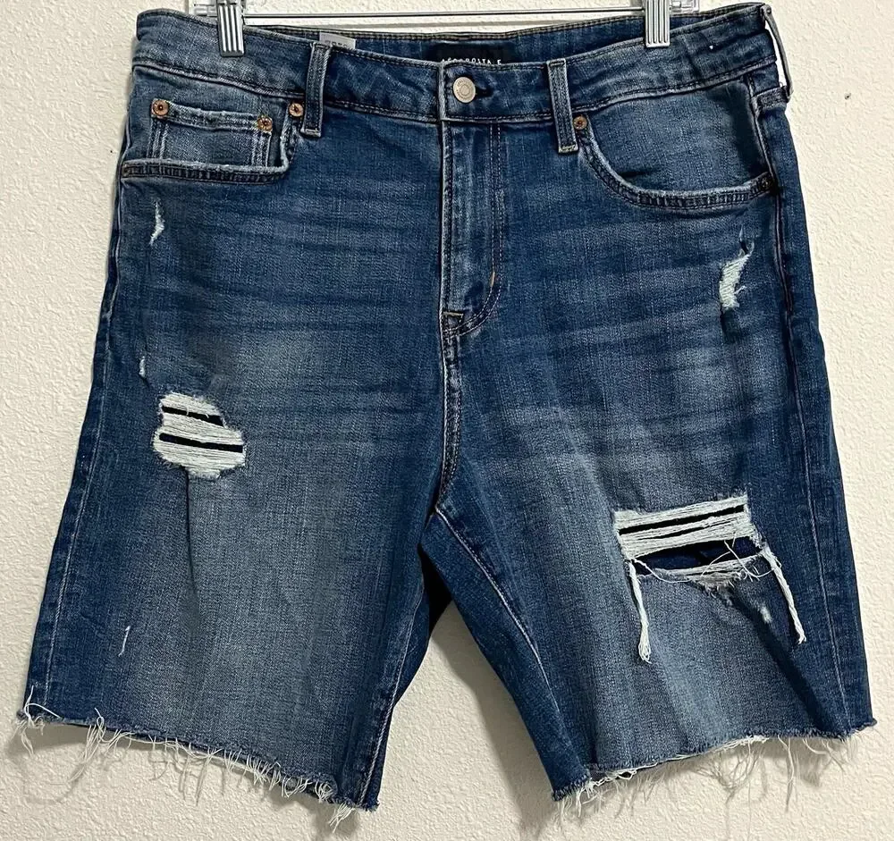 Aéropostale Men's Blue Solid Denim Cut Off Shorts, Medium Wash, Distressed